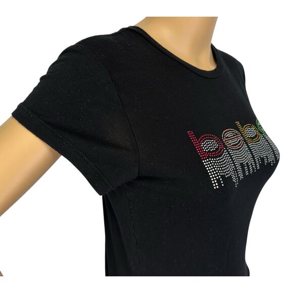 2/$15 Vintage Y2K Bebe Crystal Logo Rainbow Rhinestone Top Black Spellout Size M - Picture 7 of 11
